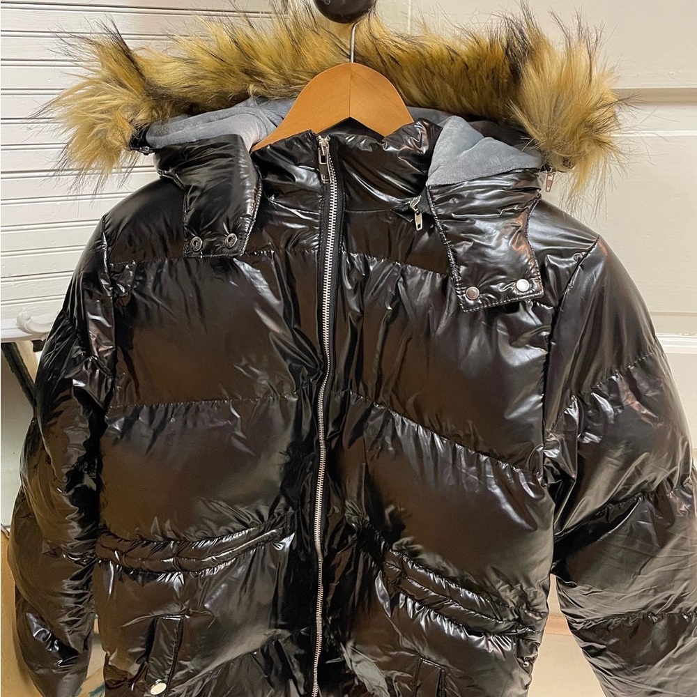 Black puffer jacket with detachable fur hood